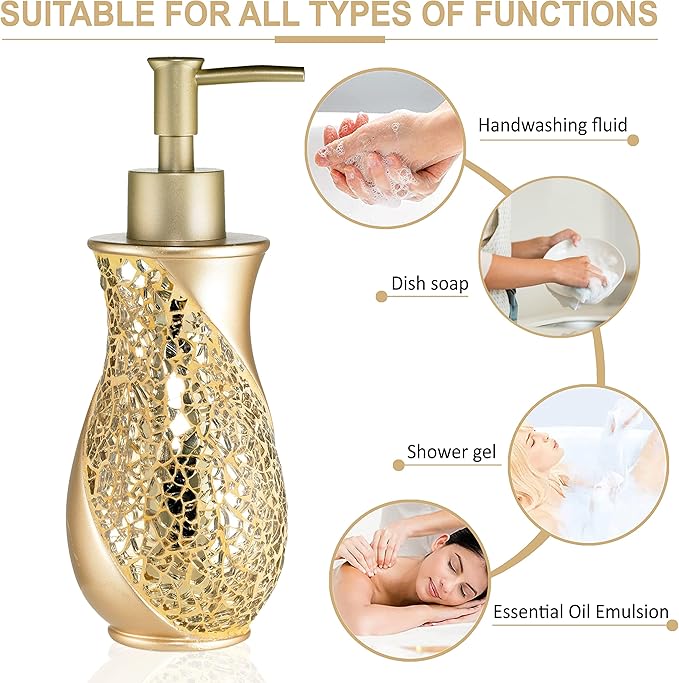 Zahari Home Sinatra Soap Dispenser/Lotion Pump Unique Design Bling Glass Mosaic Décor, Gold