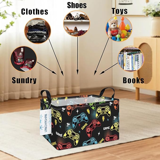 LANGYASHAN Rectangular Storage Bin Collapse Canvas Fabric Cartoon Storage Basket with Handles for Organizing Home Kitchen Boys and Girls Toys Office Closet Shelf Baskets (Rec Game)