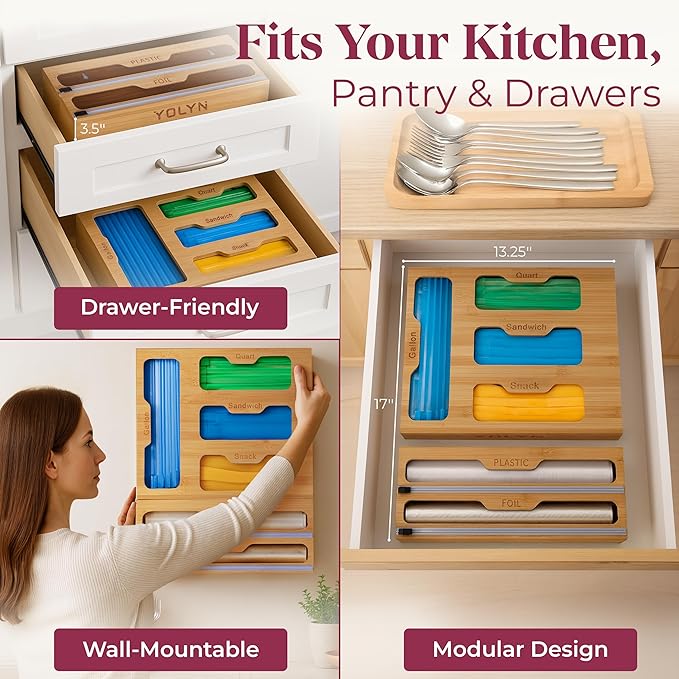 Bamboo Food Storage Bag Organizer for Drawer with Foil & Plastic Wrap Dispenser â 4 in 1 Premium Kitchen Drawer Organizer for Gallon, Quart & Sandwich Bags