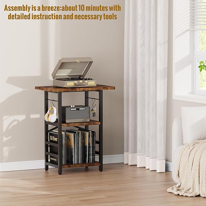 Record Player Stand with Extended Desktop,Large Record Player Table with Vinyl Storage,Tall Turntable Stand with Record Holder Vinyls Display Shelf for Music Room Studio, Rustic Brown