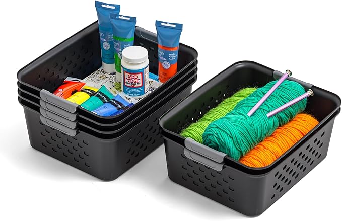IRIS USA Plastic Storage Baskets, 6-Pack, Made in USA, Shelf Baskets Small Baskets Organizing Bins For Pantry Countertops Closet Shelves Laundry Room Office, Muti-Purpose, Nestable, Easy Carry, Black