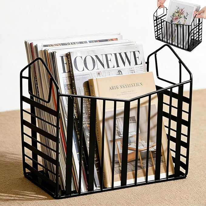 Metal Magazine Holder, Document File Rack with Handle, Newspaper Book Folder Mail Organizer Bin, Iron Wire Tablet Storage Basket Stand for Home Office Bathroom Bedroom Den Living Room, Black