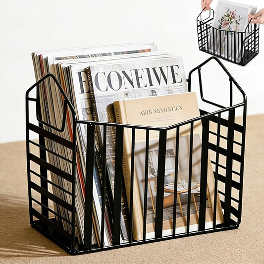 Metal Magazine Holder, Document File Rack with Handle, Newspaper Book Folder Mail Organizer Bin, Iron Wire Tablet Storage Basket Stand for Home Office Bathroom Bedroom Den Living Room, Black