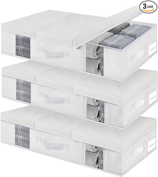 Underbed Storage Containers 3 Pack, Large Under Bed Storage Bins with Lids, Foldable Under the Bed Storage Drawer for Organizing Clothes, Shoes, Blankets, Pillows-PEVA Waterproof Material