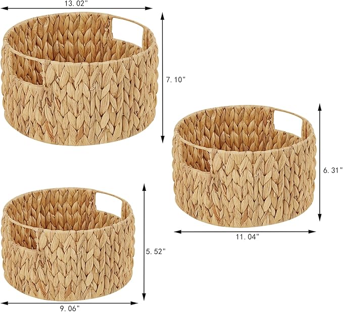 Vagusicc Wicker Storage Basket, Hand-Woven Water Hyacinth Large Round Woven Basket With Handles, Wicker Baskets for Organizing/Storage, 3-Pack