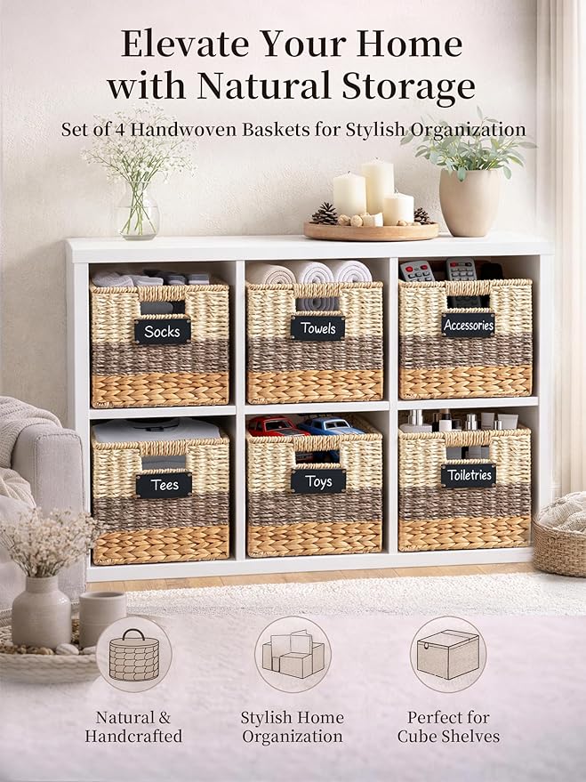Storage Basket, 12x12x12 Inch Storage Cubes, Water Hyacinth Wicker Basket for Storage, Handmade Woven Baskets for Organizing, Set of 4 Wicker Storage Baskets for Shelves