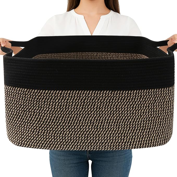 Magazine & Newspaper Baskets,Large Woven Rope Blanket Basket,24"x16"x15"Storage Bin with Handle,Toys Storage,Laundry Basket for Home Organization/Living Room/Nursery/Bedroom,Black&Jute