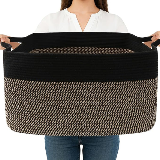 Magazine & Newspaper Baskets,Large Woven Rope Blanket Basket,24"x16"x15"Storage Bin with Handle,Toys Storage,Laundry Basket for Home Organization/Living Room/Nursery/Bedroom,Black&Jute