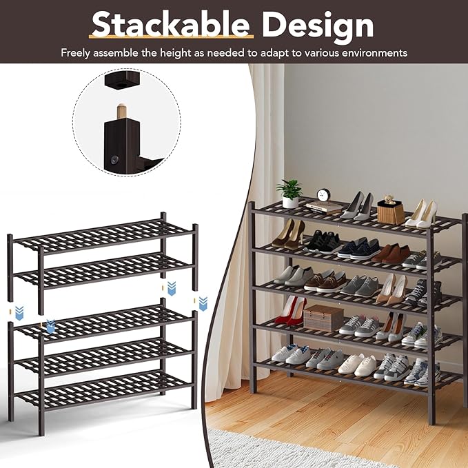 Haddockway Long 2 Tier Bamboo Shoe Rack Storage Organizer, Multifunctional Free Standing Stackable Shoe Shelf with Grid Panel for Closet,Hallway,Entryway,Small Space 34.2"x11"x13"