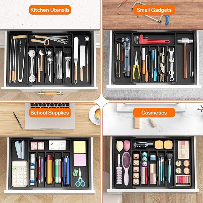Large Silverware Organizer,Expandable Utensil Drawer Organizer,BPA Free Utensil Holder,Adjustable Silverware Tray Cutlery Drawer Organizer for Kitchen Flatware,Large,Black,2 Pack