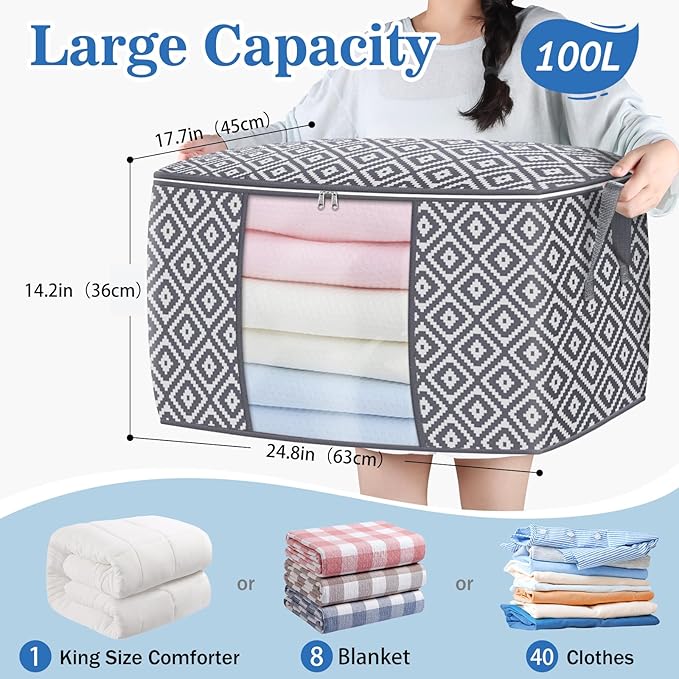 Direct 100L, 3 Pack, Storage Containers, Large Clothes Storage Bins Foldable Organization and Storage Bags with Reinforced Handle, Clear Window for Bedding, Blankets, Clothing, Grey