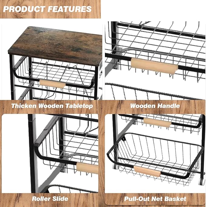 3-Layer Fruit Basket Kitchen Food Organizer and Rack Rolling Pantry Kitchen Cart On Wheels with Wood Top Table,Pull-Out Hollow Metal Basket for Sorting Spice Snacks Vegetables,Black