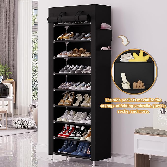 Calmootey 9 Tier Shoe Rack Organizer,Portable Shoe Shelf with Nonwoven Fabric Cover for Closet Hallway,Bedroom,Entryway,Black | Organizer, for Closet, Hallway, Bedroom, Entryway