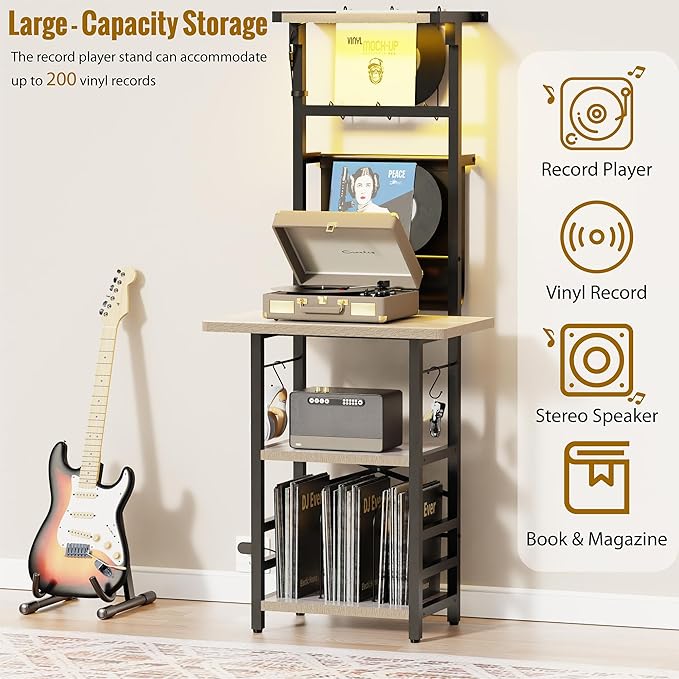 Record Player Stand with Led Light,Record Player Table with Vinyl Storage,Turntable Stand with Record Holder Vinyls Display Shelf for Music Room Studio,Greige