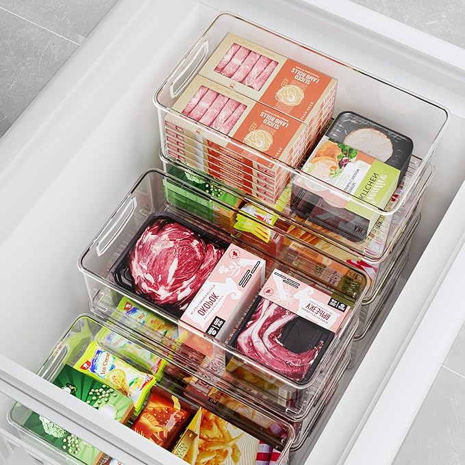8 PACK Freezer Organizer Bins Fridge Organizer Storage Stackable Deep Freezer Storage Bins with Side Handles Refrigerator Organizers and Storage Home Organization Must Haves