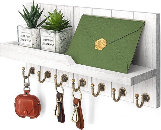 Rebee Vision Decorative Key and Mail Holder for Wall - Farmhouse 15 Inches Floating Shelf with 7 Sturdy Key Hooks for Home Entryway Wall Decor - Rustic Key Racks (White,15-inch)