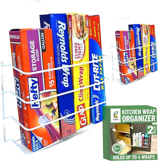 Evelots Kitchen Wrap Organizer - 2 Pack - Hold up to 4 Plastic, Foil, Paper, Wax - Cabinet Door, Wall Rack Basket - Sandwich, Freezer, Food Bag Storage - Laundry Supplies - Plastic Coated Metal