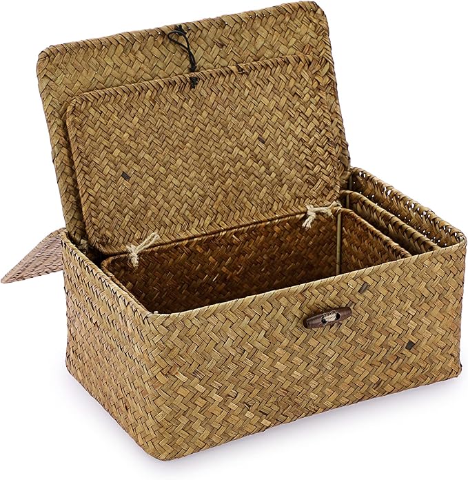 Wicker Basket With Lid - Rectangular Lidded Basket Box Natural Seagrass Storage Baskets Woven Decorative Basket Bin for Shelf Home Decor,Caramel Color,Set of 3