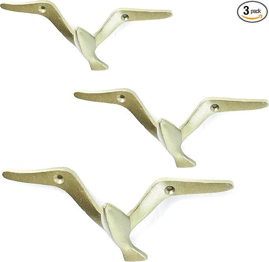Ambipolar Iron Cast Decorative Gull Bird Wall Mounted Coat Hooks, Set of 3 (Gold)