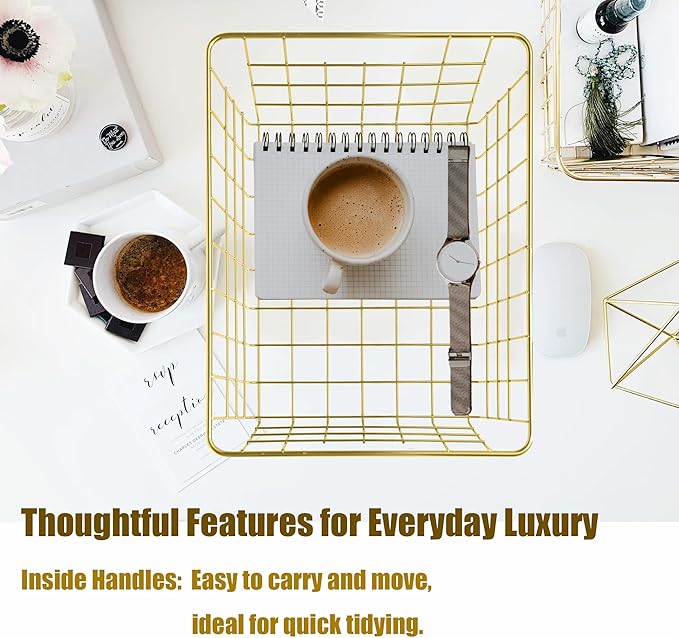 Sturdy Small Wire Storage Basket for Kitchen Food, Pantry Papers, Home Office Desk and Shelf, Bathroom Laundry Room, Bedroom, Gold, 3 PCS