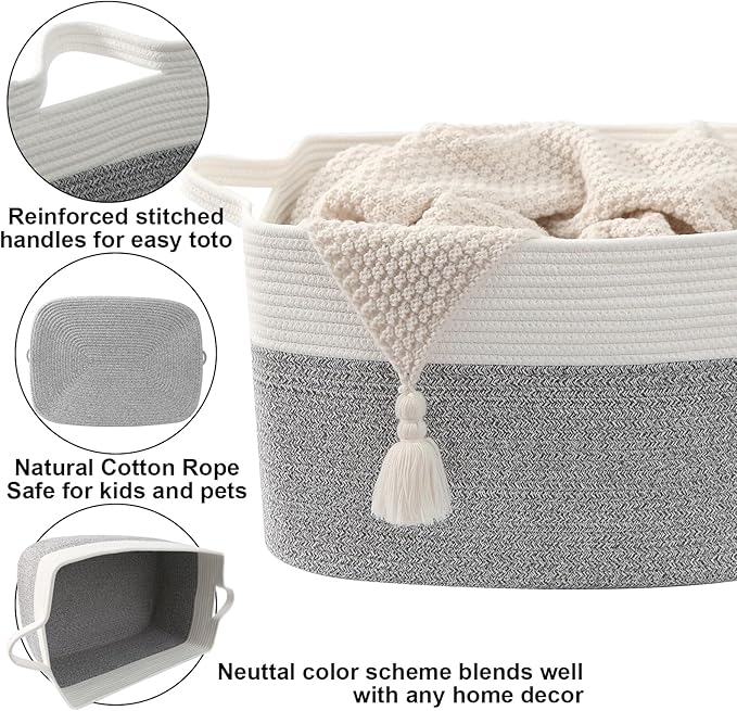 Magazine & Newspaper Baskets,Large Woven Rope Blanket Basket,24"x16"x15"Storage Bin with Handle,Toys Storage,Laundry Basket for Home Organization/Living Room/Nursery/Bedroom,White&Grey