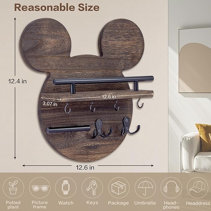 AIRPOP Key Holder for Wall–Mouse Wooden Mail Organizer Wall Mount with Shelf and 6 Hooks, Easy Installation Key Rack Hanger for Entryway Living Room Home Decor (Brown)