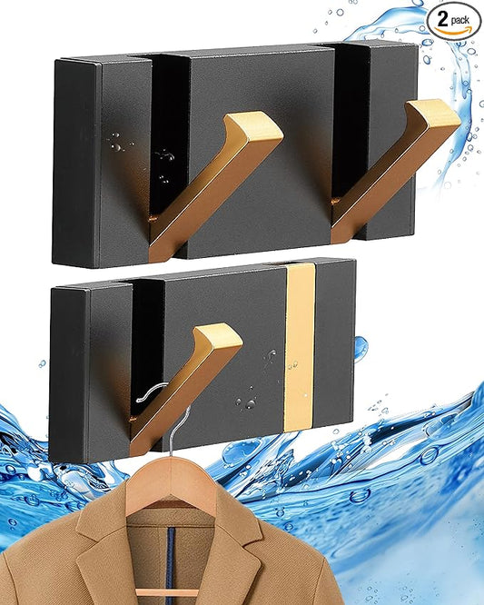 2 Pack，Modern Waterproof Black Gold Wall Hooks，Foldable Towel Hooks for Bathrooms, Coat Hooks Wall Mounted - Ideal for Bathroom, Kitchen, Balcony