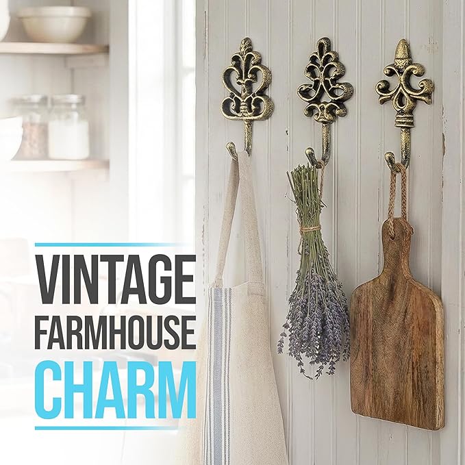 Comfify Shabby Chic Decorative Wall Hooks - Set of 3 - Cast Iron French Country Wall Decor - Farmhouse Hangers for Coats, Purses and More - Gold with Black