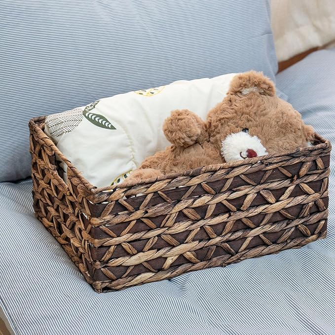 Rectangular Wicker Storage Basket with Iron Structure & Wood Accents, 15.75Ã11.42Ã7.09 Inches, Perfect for Home Organization