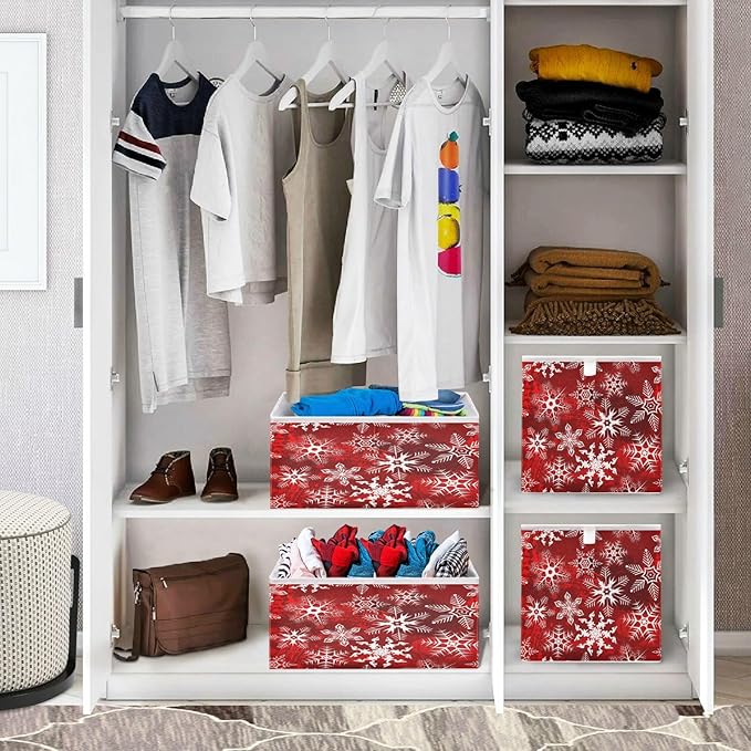 Bolaz Christmas Snowflakes Closet Organizers Storage Cubes Red Storage Bins Shelf Baskets Containers for Home Room Office,Rectangle