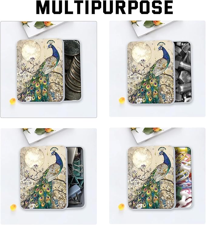 Metal Tin Box with Lid,Multi-functional Storage Large Box Can Store Tea Biscuits Game Cards, Playing & Tarot Cards-Comes with 4 Magnetic Cord Clips,Peacock by Moon
