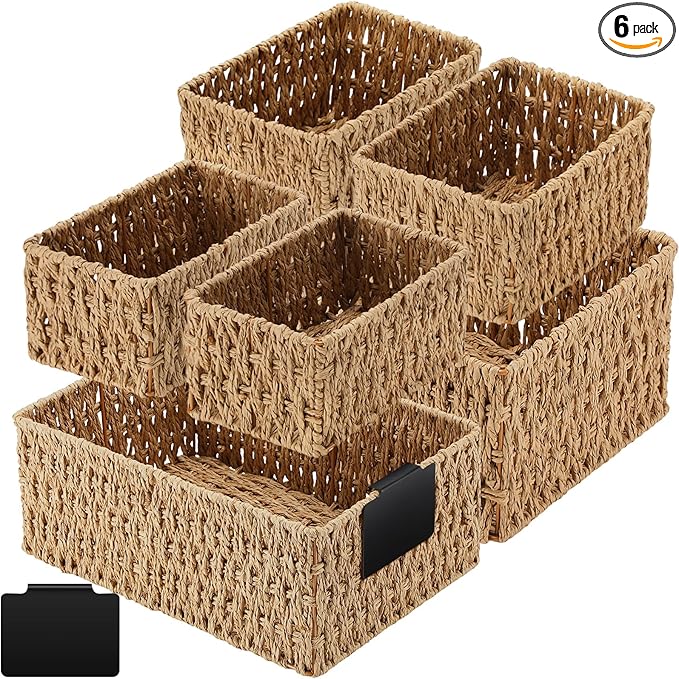 Marsui 6 Pcs Wicker Storage Baskets with Labels Handwoven Paper Rope Multi-size Natural Wicker Storage Bins for Organizing Small Baskets Container for Shelves Closet Pantry Toilet(Natural)