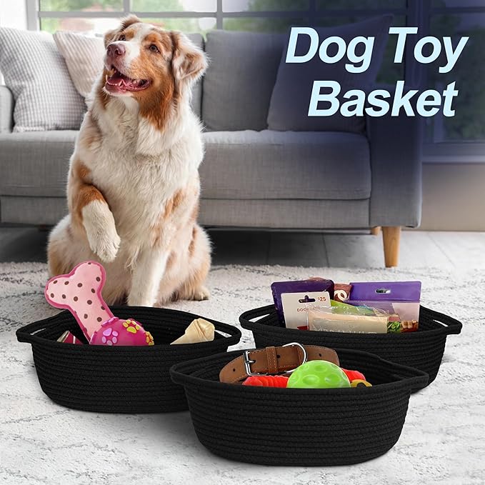 Black Woven Basket, 13â x 9â x 5â Cute Dog Toy Basket, Soft Cotton Rope Storage Box, Cat Toy Bin, Baskets for Gifts Empty, Small Baskets for Organizing, Decorative Basket