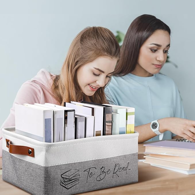 Marsui Book Lover Gifts TBR Book Storage Basket to Be Read List Storage Bin Bookish Accessories Bookworm Gift for Club Members Student Teacher Reading Accessories (White and Gray,Tbr)