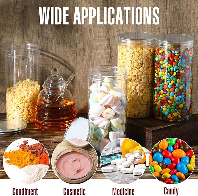 Dandat 16 Pack 30 oz Plastic Jars with Lids Plastic Mason Bottles Container Canister Wide Mouth Cylinders Kitchen Home Organize Storage for Dry Good, Spice, Honey, Candy, Peanut Butter(Clear)