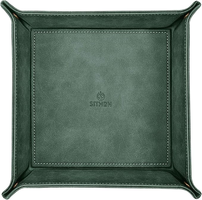 SITHON Valet Tray Desktop Storage Organizer â Premium PU Leather Catchall Bedside Vanity Tray Nightstand Caddy Holder for Keys, Phone, Wallet, Coin, Valentine's Day Gift, Dark Green