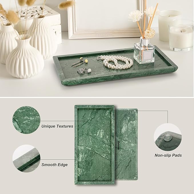 Natural Marble Vanity Bathroom Tray, 12 x 6 Inch Elegant Home Decor Tray for Kitchen,Bathroom,Dresser, Coffee Table,Sink Storage Holder Organizer, Green (NS029)
