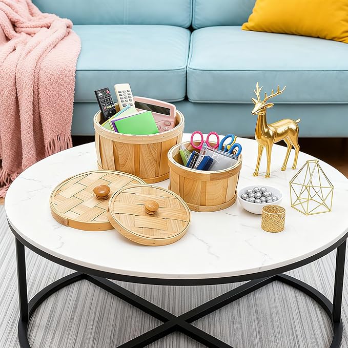 Lawei Set of 2 Round Woven Storage Baskets with Lids, Natural Woodchip Handmade Snack Fruit Organizer Bin for Kitchen, Small Wooden Decorative Box Empty Gift Containers for Shelf, Home, Bathroom Decor
