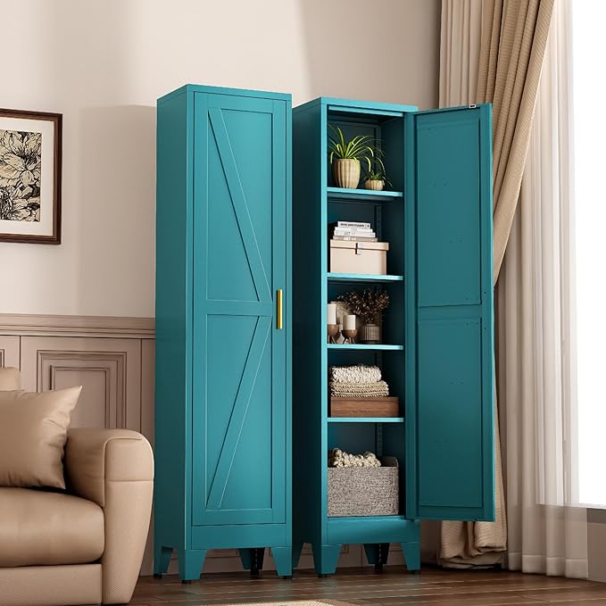 White Narrow Metal Storage Cabinet, Tall Freestanding Cabinet with 4 Adjustable Shelves & Barn Doors, Pantry Organizer for Bathroom Kitchen Home Office Dining Room（1PC,Blue