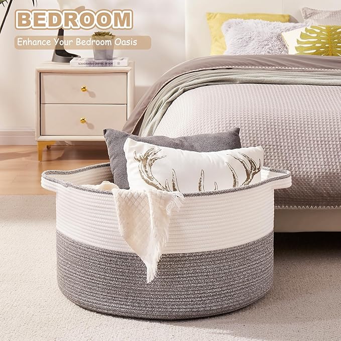 Large Blanket Basket with Handles, 22.8" x 22.8" x 13" Woven Storage Basket for Living Room, Cotton Rope Baby Toy Storage for Clothes, Pillows, Towels-Grey and White