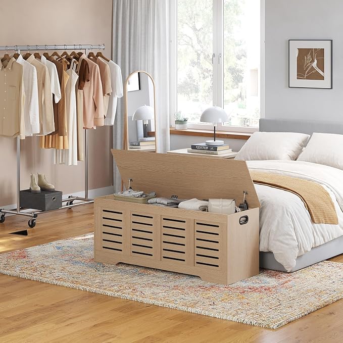 DINZI LVJ Storage Chest, 47.3âWooden Storage Box with 2 Safety Hinges, Entryway Shoe Bench with Flip-Top, Farmhouse Style Trunk for Living Room, Bedroom, Play Room, Easy Assembly, Natural