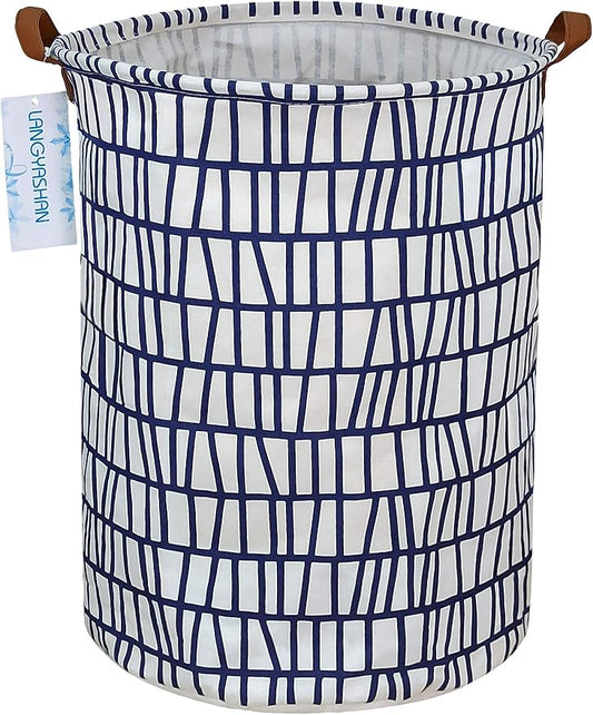 LANGYASHAN Laundry Basket Canvas Fabric Collapsible Organizer Basket for Storage Bin Toy Bins Gift Baskets Bedroom Clothes Children Nursery Hamper (Blue Stripes)