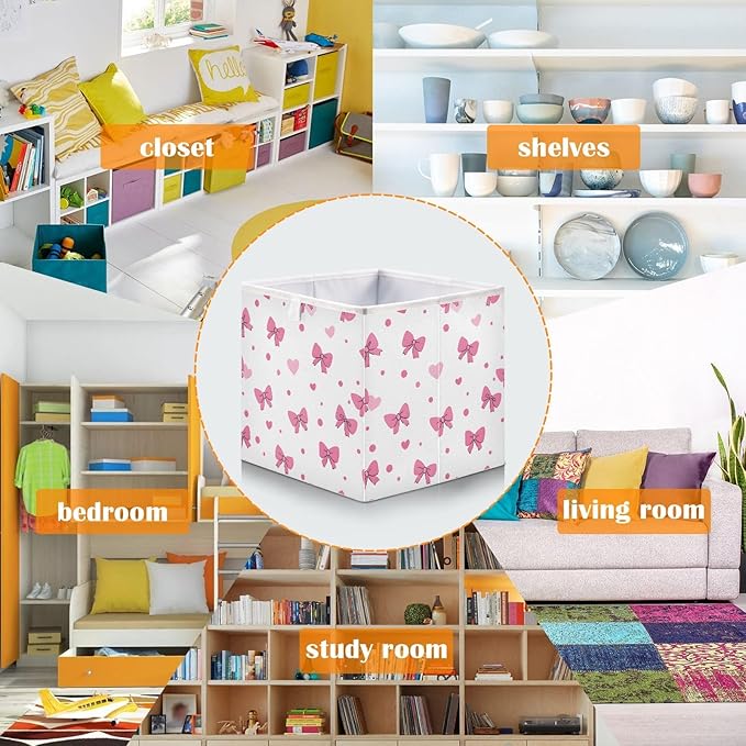Bolaz Pink Bows Hearts Pattern Closet Organizers Storage Cubes Storage Bins Shelf Baskets Containers for Home Room Office,Square