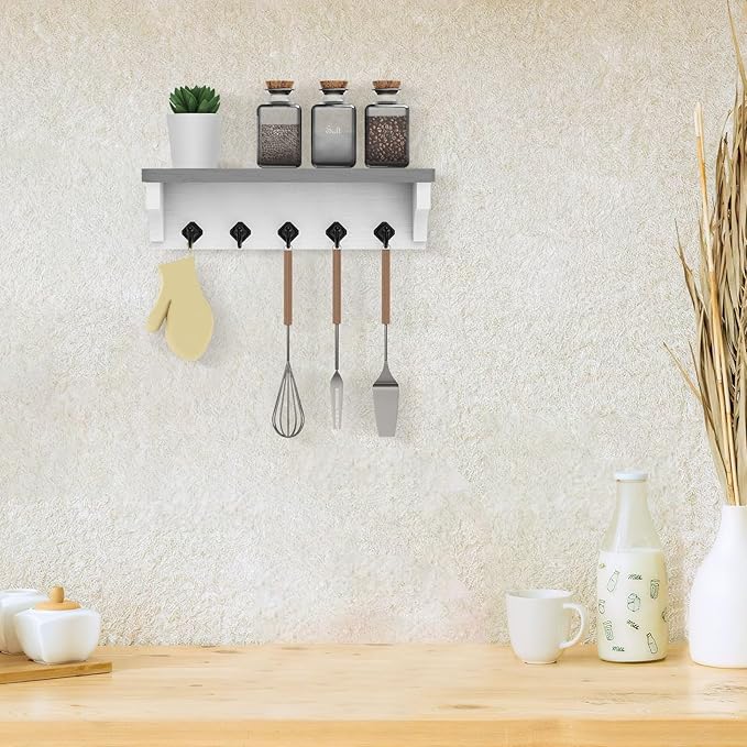 Nekon Key Holder for Wall, 11.8" W x 3.5" H x 2.8" D Decorative Key Organizer with Floating Shelf, Wall Mount Key Rack with 5 Hooks (Gray)