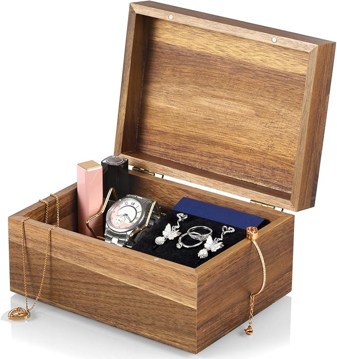 DRASTAR Keepsake Box, Acacia Wood Memory Box with Hinged Lids, Wooden Jewelry Box, Small Storage Box,3x5, 4x6 Decorative Card Box, Bridal Shower Gifts