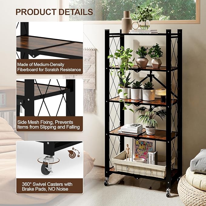 5 Tier Folding Shelf with Wheels, Wood and Metal Bookshelf, no Assembly Foldable Storage Shelves, Vintage Storage Rack for Living Room, Bedroom, and Home Office