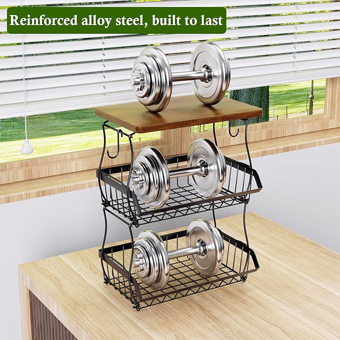 3-Tier Fruit Basket for Kitchen Counter with Banana Hangers, Countertop Organizer Fruit Bowls with Wood Top, Fruit Storage Basket Stand for Storage Potato Onion Bread Snack Fruit Veggie