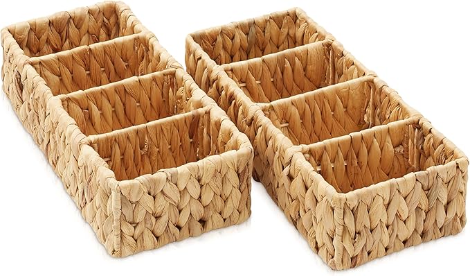 Casafield Set of 2 Water Hyacinth Basket Organizers with 4 Sections, Natural - Woven Storage Bins for Bathroom, Laundry, Pantry, Office, Shelves