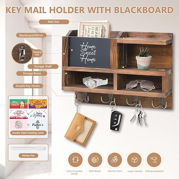 Key Holder Wall Mount, Wooden Mail and Key Organizer with Chalkboard and Mirror, 3 Greeting Cards, 8 Hooks, Brown, Type 2