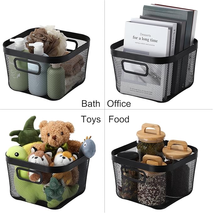 4 Pack Metal Mesh Basket with Hollow Handles Black Wire Storage Bin for Organizing Stackable Metal Fine Mesh Basket for Pantry Bathroom Kitchen Cabinets Shelves (Large)